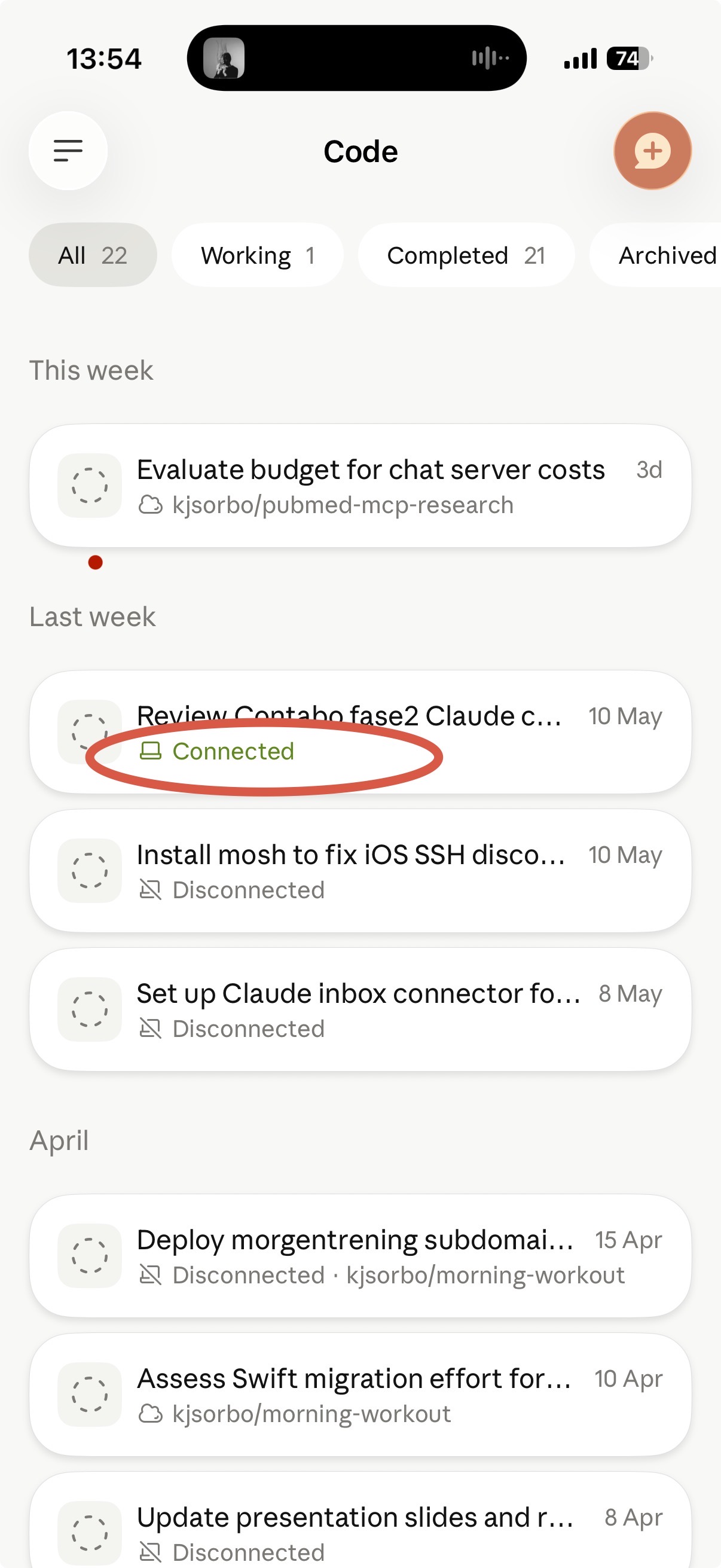 Code-fanen med sessions-liste og Connected-status